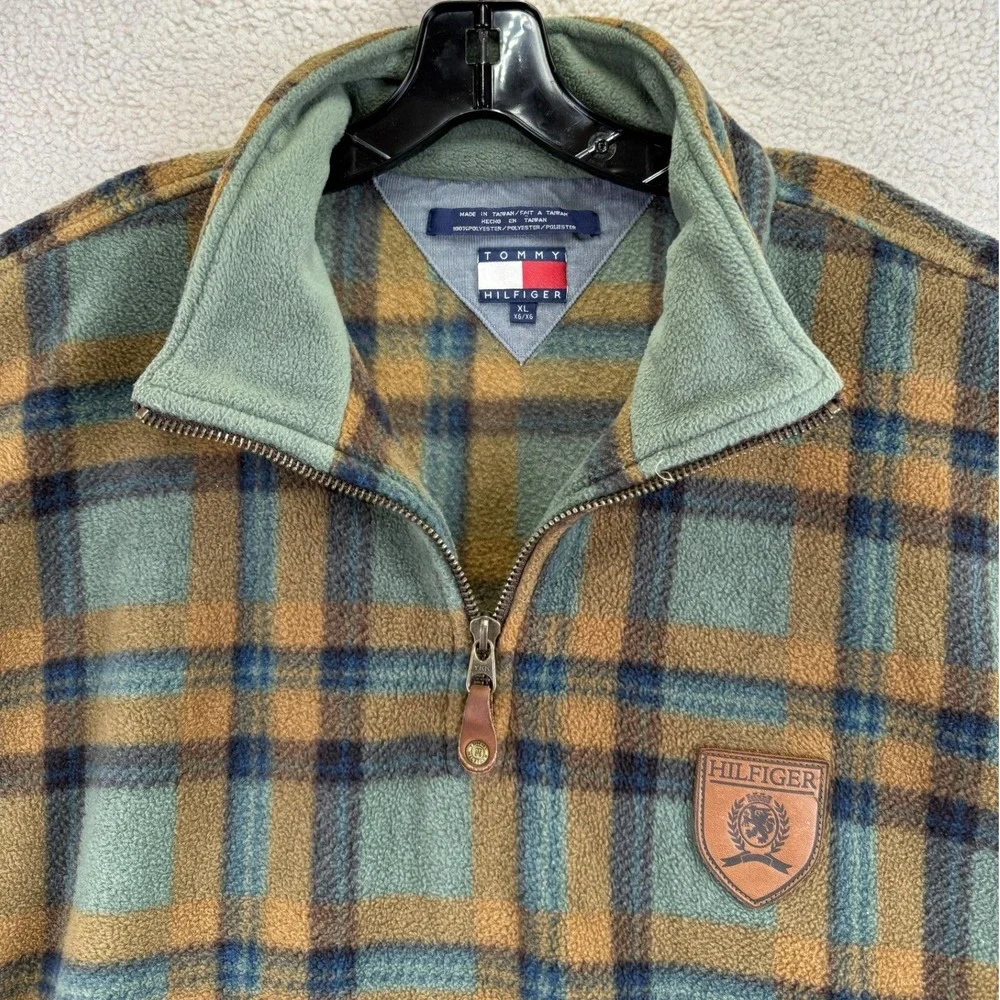 VTG Tommy Hilfiger Plaid Fleece Quarter Zip Mens XL Green Tan Vintage Gorpcore